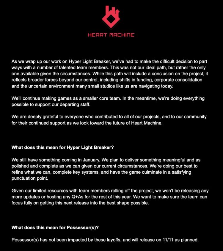 Hyper Light Breaker Heart Machine Despidos